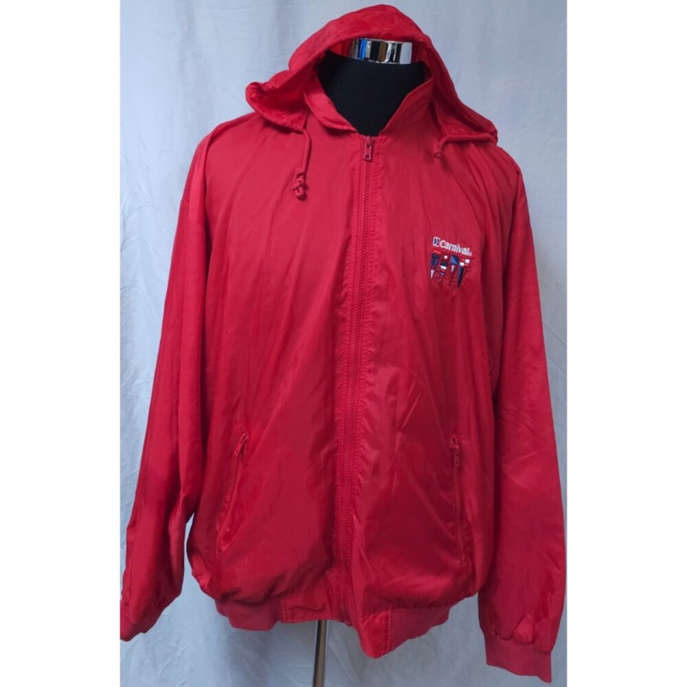 Vtg Carnival Cruise Womens Large Red Nylon Lined Zip Hidden Hood Windbreaker